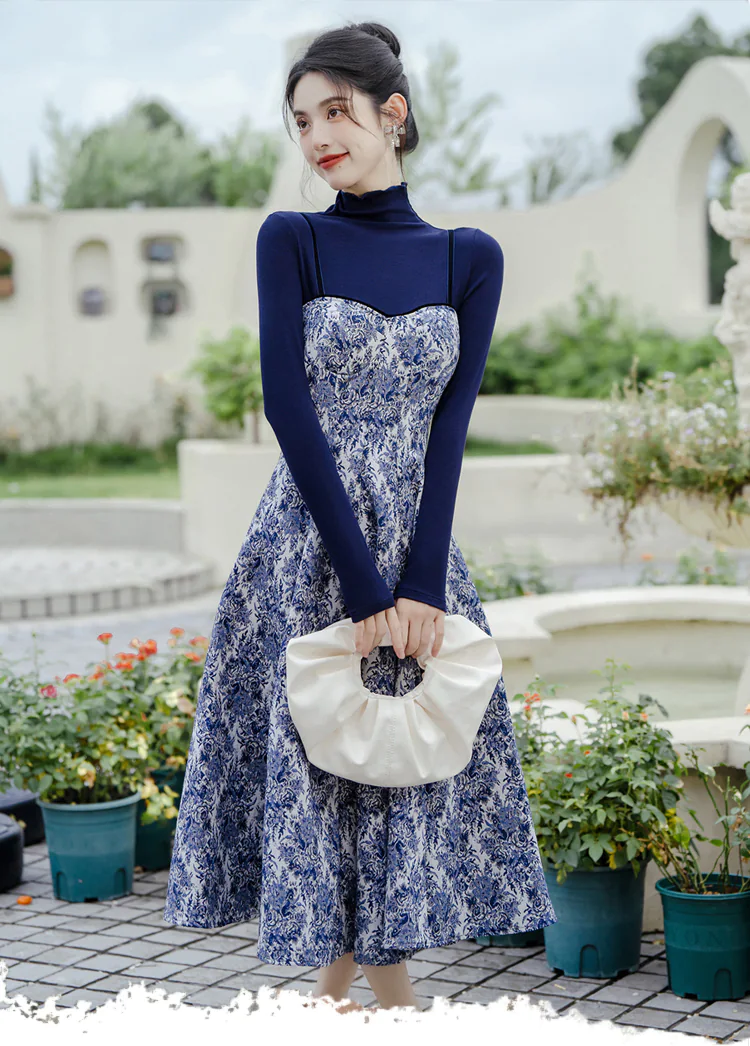 Sweet-Blue-Turtleneck-Knit-Sweater-with-Thick-Floral-Slip-Dress-Suit07