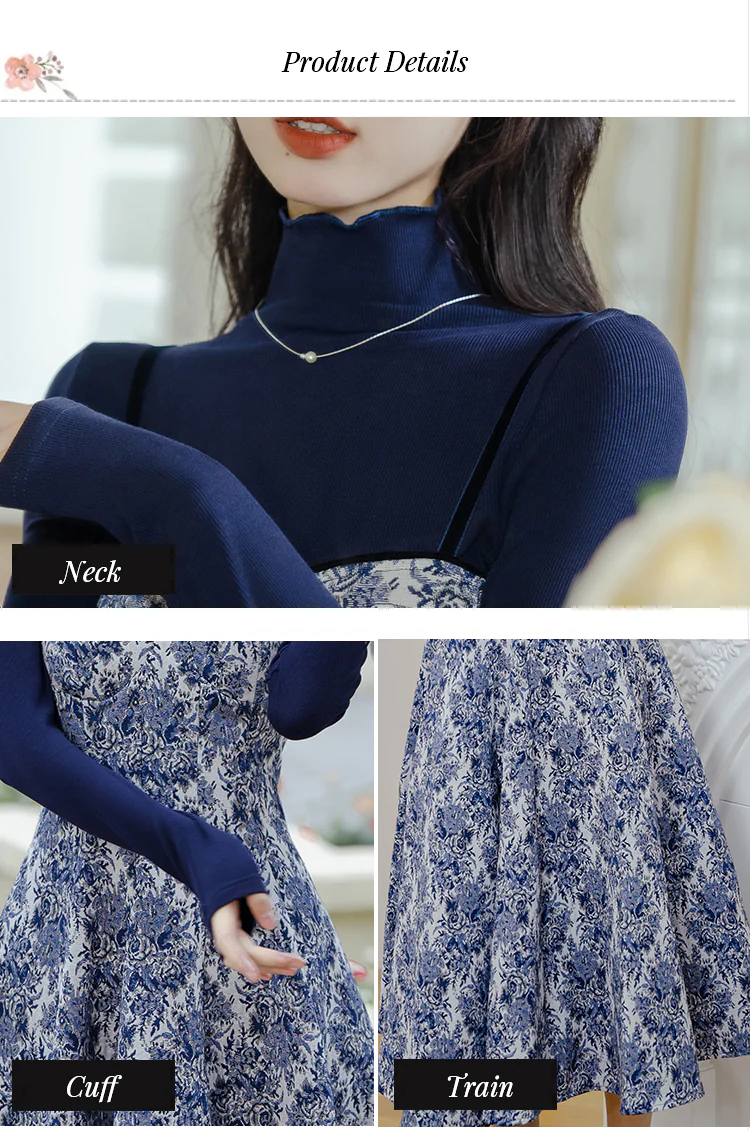 Sweet-Blue-Turtleneck-Knit-Sweater-with-Thick-Floral-Slip-Dress-Suit10