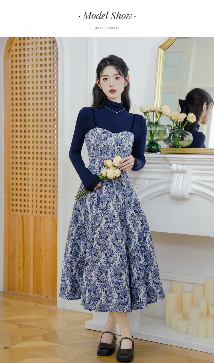 Sweet-Blue-Turtleneck-Knit-Sweater-with-Thick-Floral-Slip-Dress-Suit11