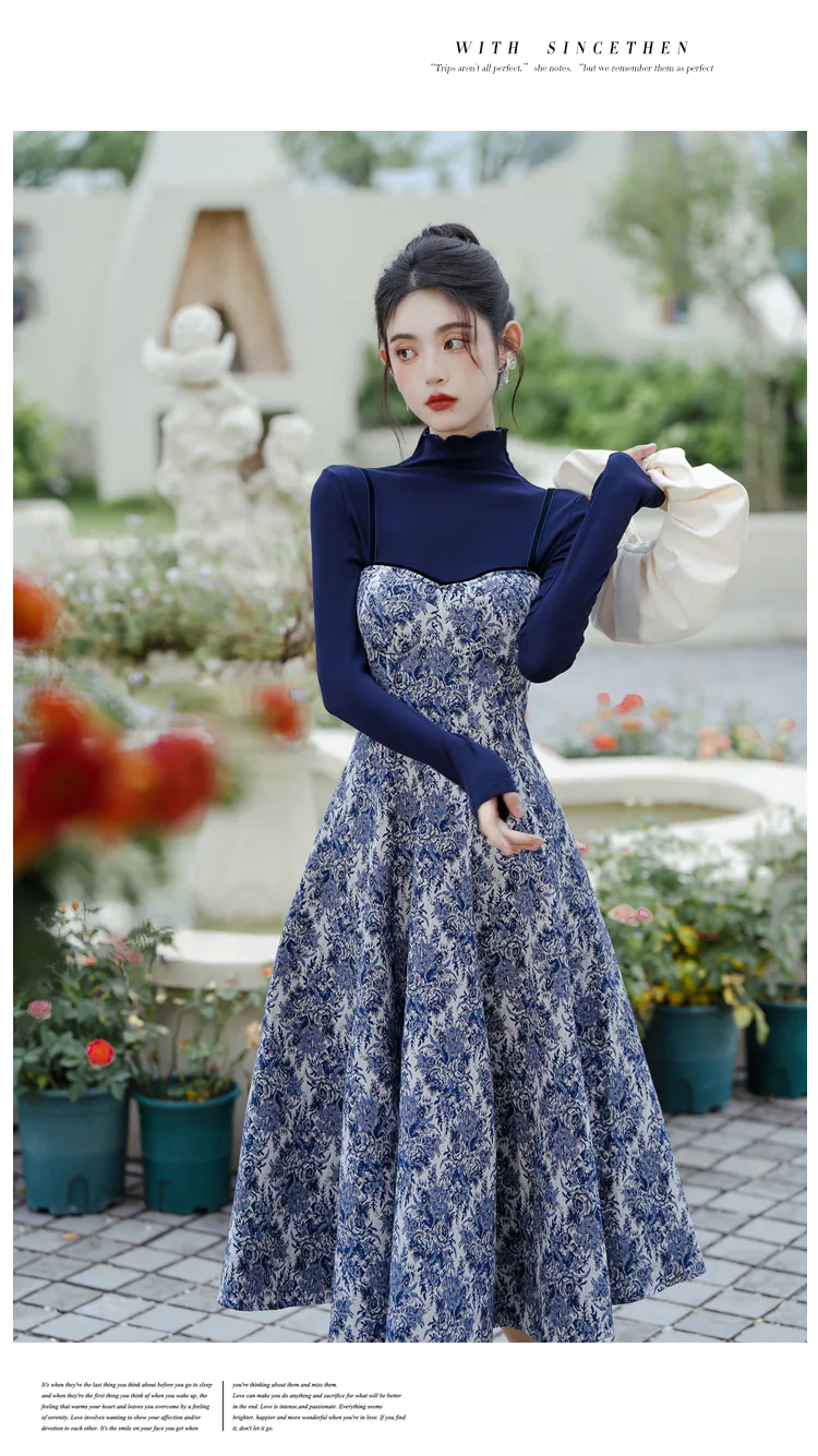 Sweet-Blue-Turtleneck-Knit-Sweater-with-Thick-Floral-Slip-Dress-Suit12