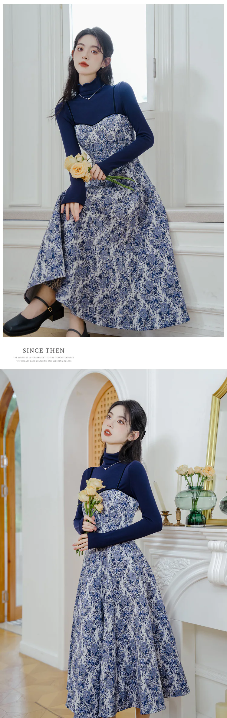 Sweet-Blue-Turtleneck-Knit-Sweater-with-Thick-Floral-Slip-Dress-Suit17