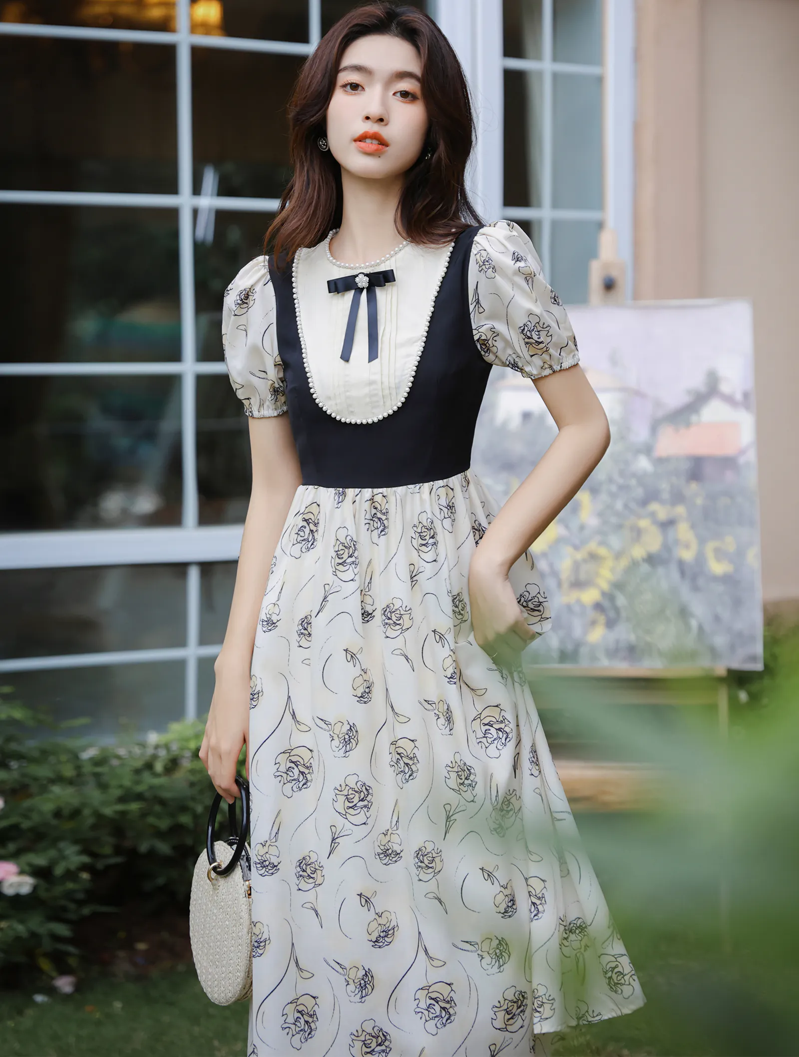 Sweet French Style Floral Print Chiffon Casual Dress with Zipper Back01