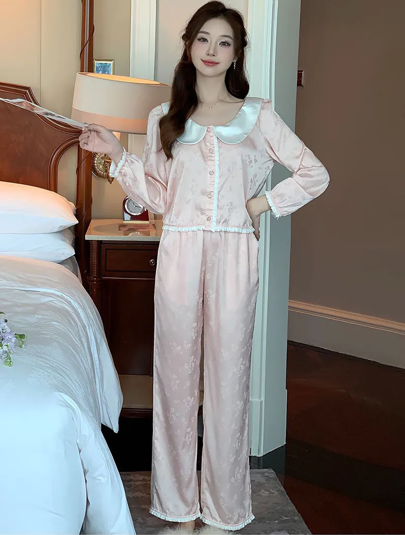 Sweet Ladies Floral Jacquard Long Sleeve Home Casual Pajama Set01