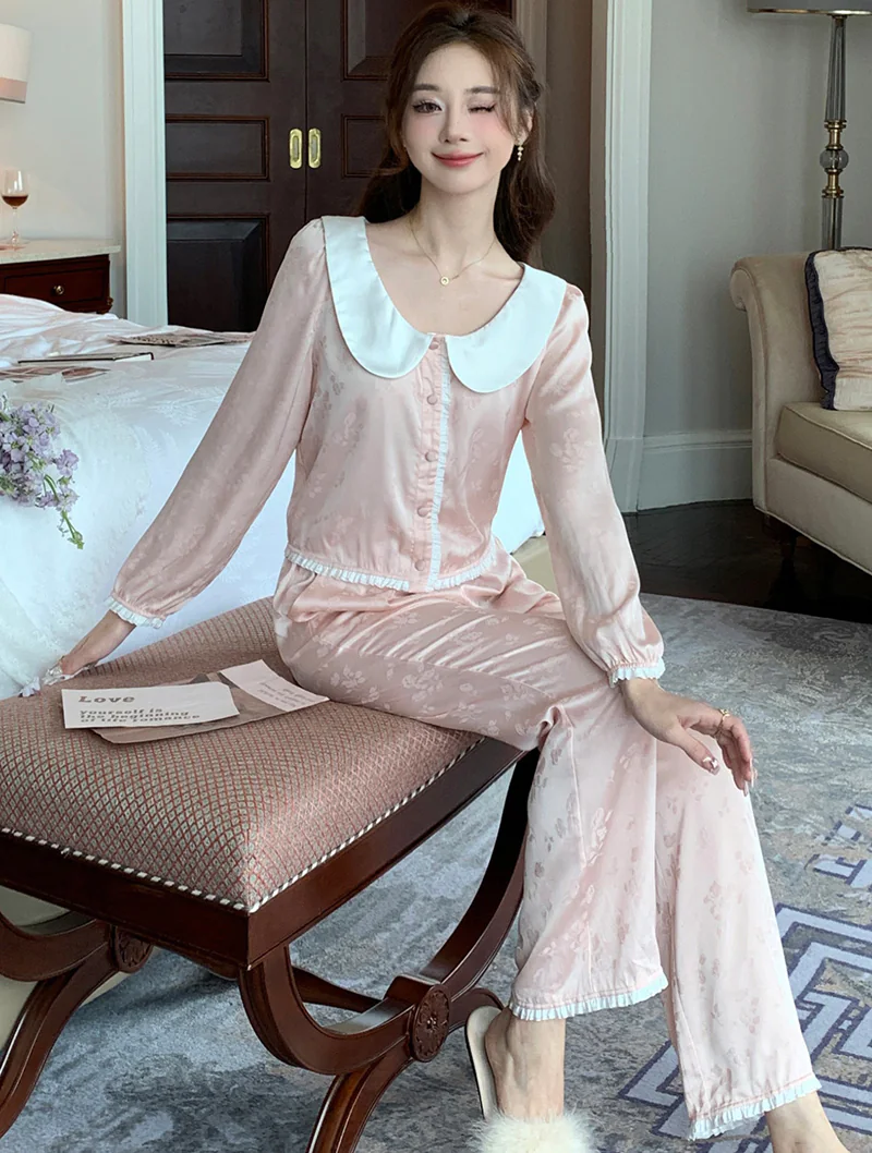 Sweet Ladies Floral Jacquard Long Sleeve Home Casual Pajama Set02