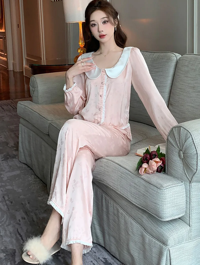 Sweet Ladies Floral Jacquard Long Sleeve Home Casual Pajama Set01