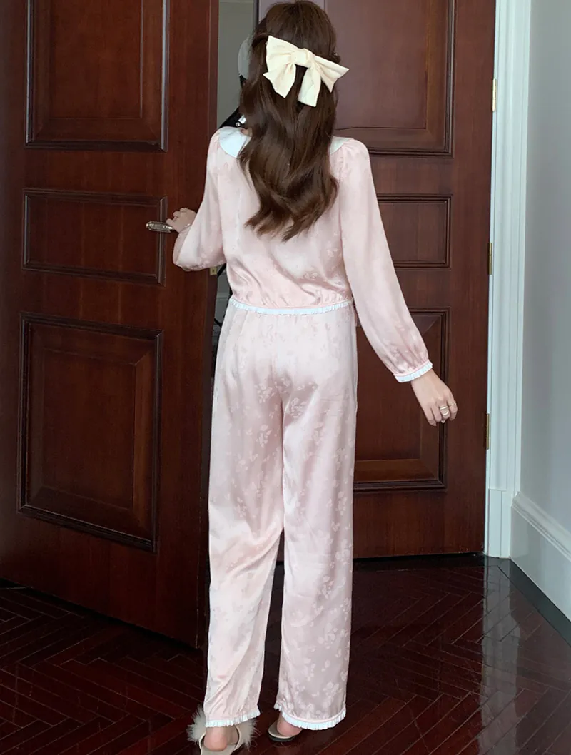Sweet Ladies Floral Jacquard Long Sleeve Home Casual Pajama Set05