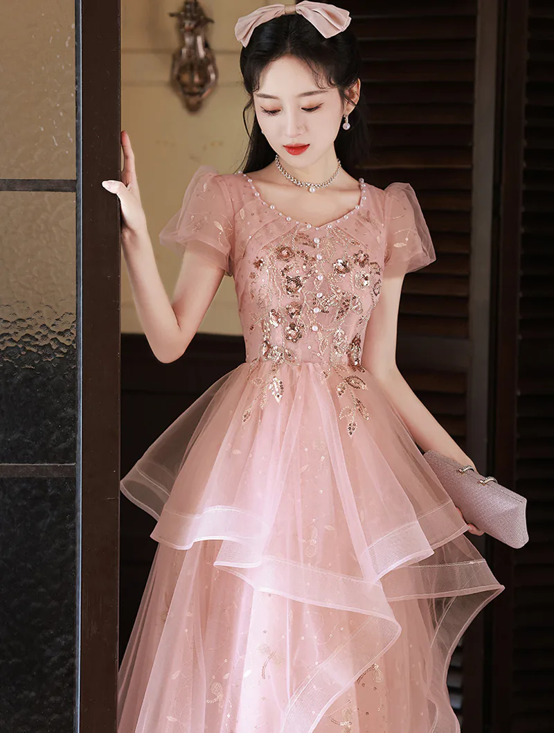 Sweet Pink Embroidery Chiffon Birthday Party Prom Long Formal Dress01
