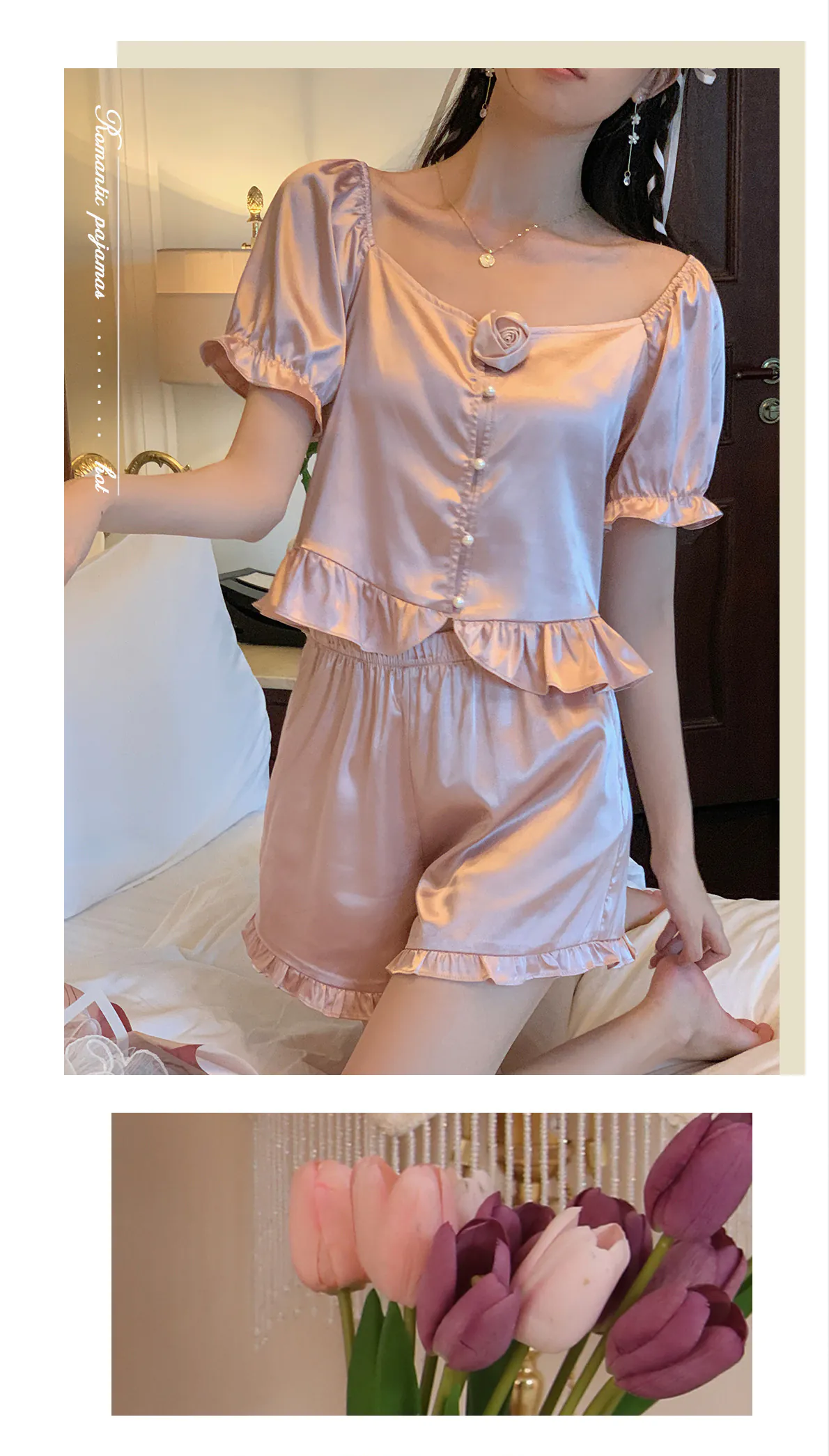Sweet-Princess-Style-Ruffle-Satin-Top-with-Short-Pants-Pajama-Set08