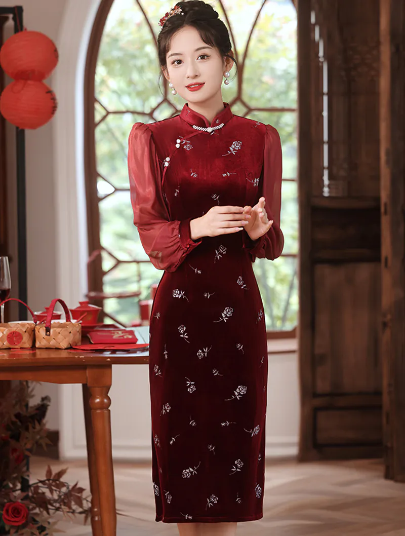 Vintage Long Sleeve Wine Red Velvet Floral Qipao Cheongsam Dress01