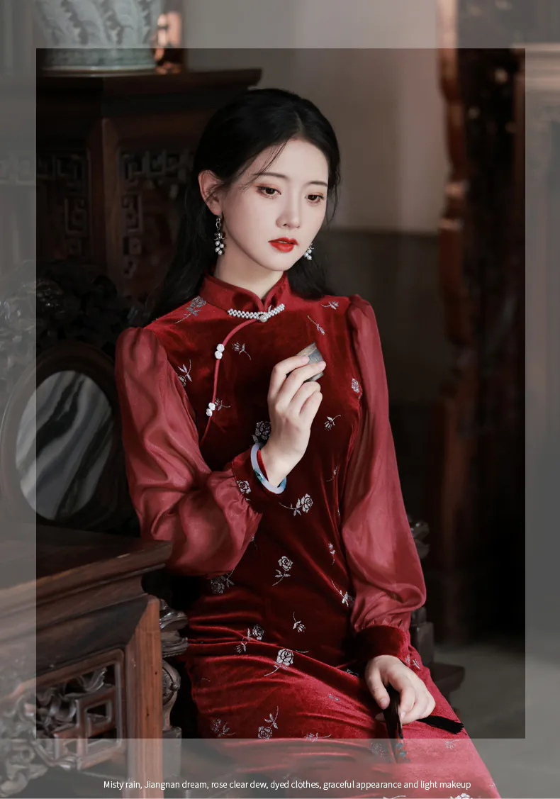 Vintage-Long-Sleeve-Wine-Red-Velvet-Floral-Qipao-Cheongsam-Dress06