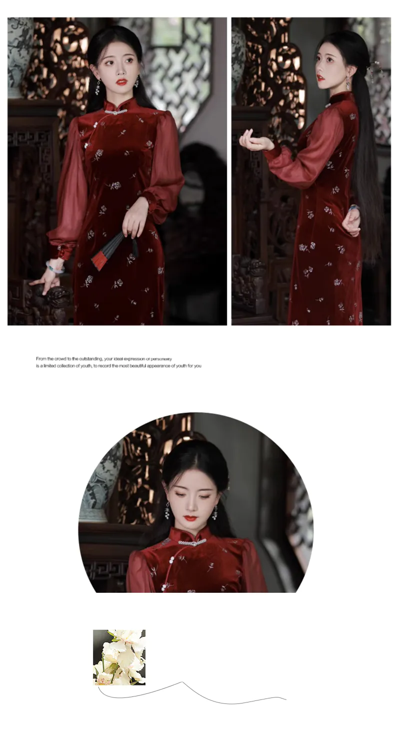 Vintage-Long-Sleeve-Wine-Red-Velvet-Floral-Qipao-Cheongsam-Dress07