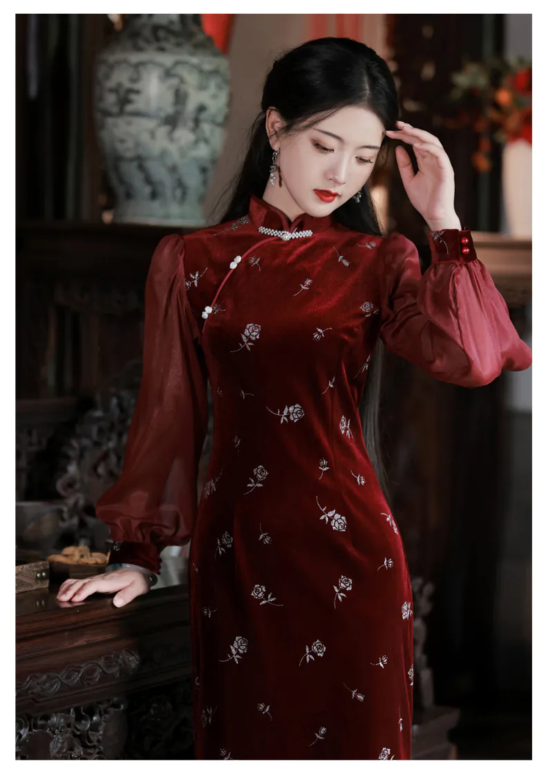 Vintage-Long-Sleeve-Wine-Red-Velvet-Floral-Qipao-Cheongsam-Dress09