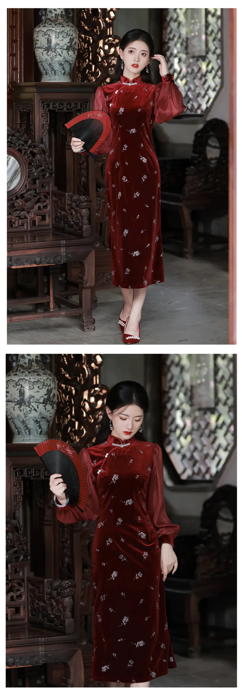 Vintage-Long-Sleeve-Wine-Red-Velvet-Floral-Qipao-Cheongsam-Dress10