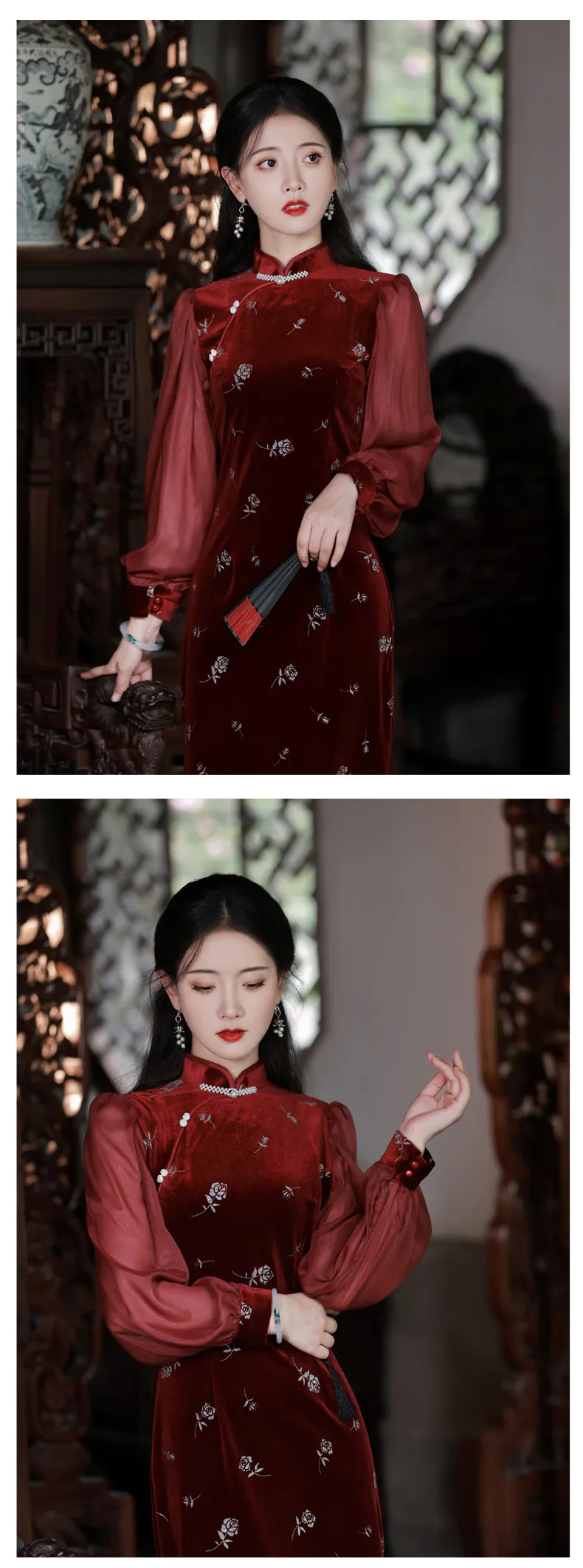 Vintage-Long-Sleeve-Wine-Red-Velvet-Floral-Qipao-Cheongsam-Dress12