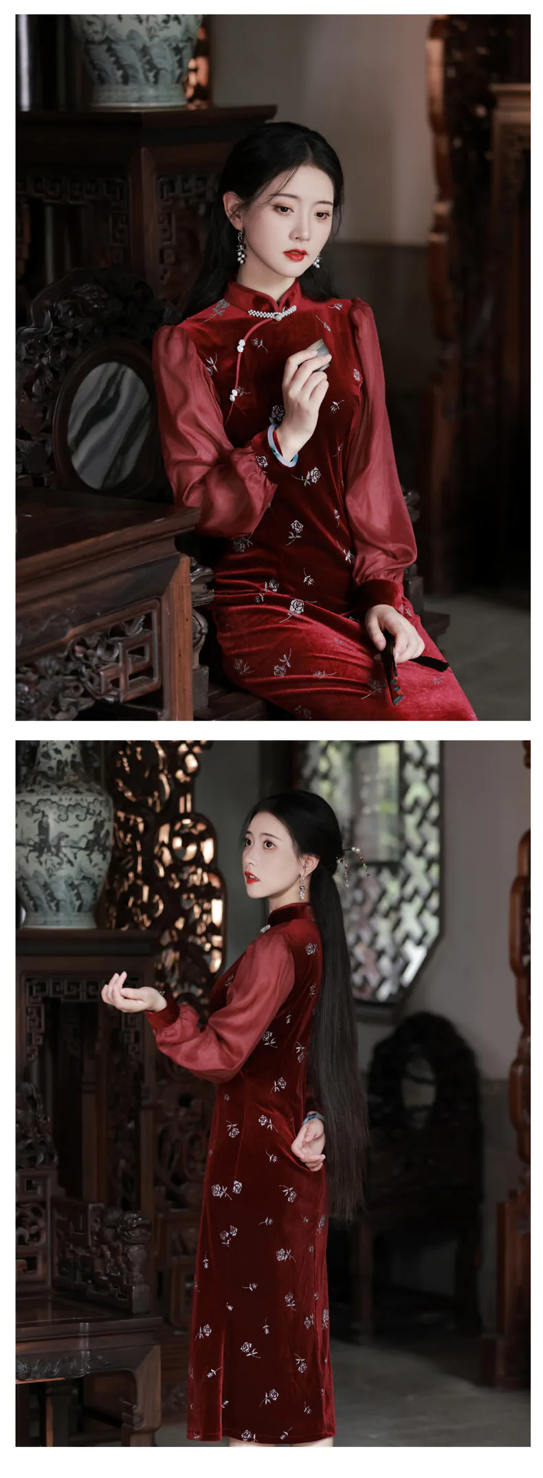 Vintage-Long-Sleeve-Wine-Red-Velvet-Floral-Qipao-Cheongsam-Dress13