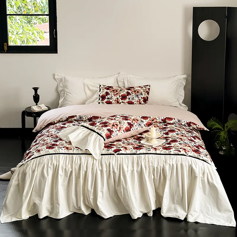Aesthetic French Style Ruffle Edge Floral Printed Matte Bedding 4 Pcs Set01