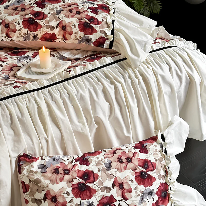 Aesthetic French Style Ruffle Edge Floral Printed Matte Bedding 4 Pcs Set02