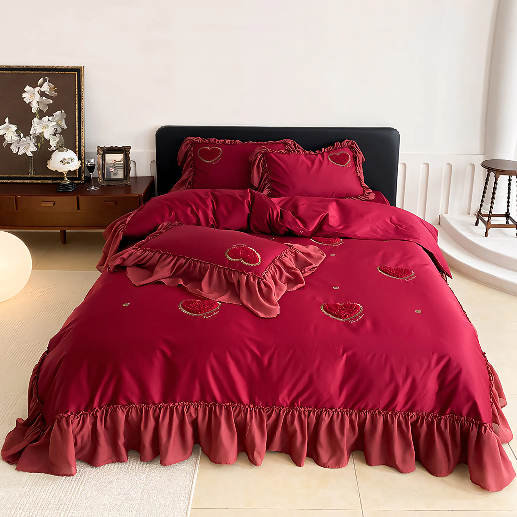 Romantic Ruffle Edge Egyptian Cotton Red Love Heart Bedding 4 Pcs Set01