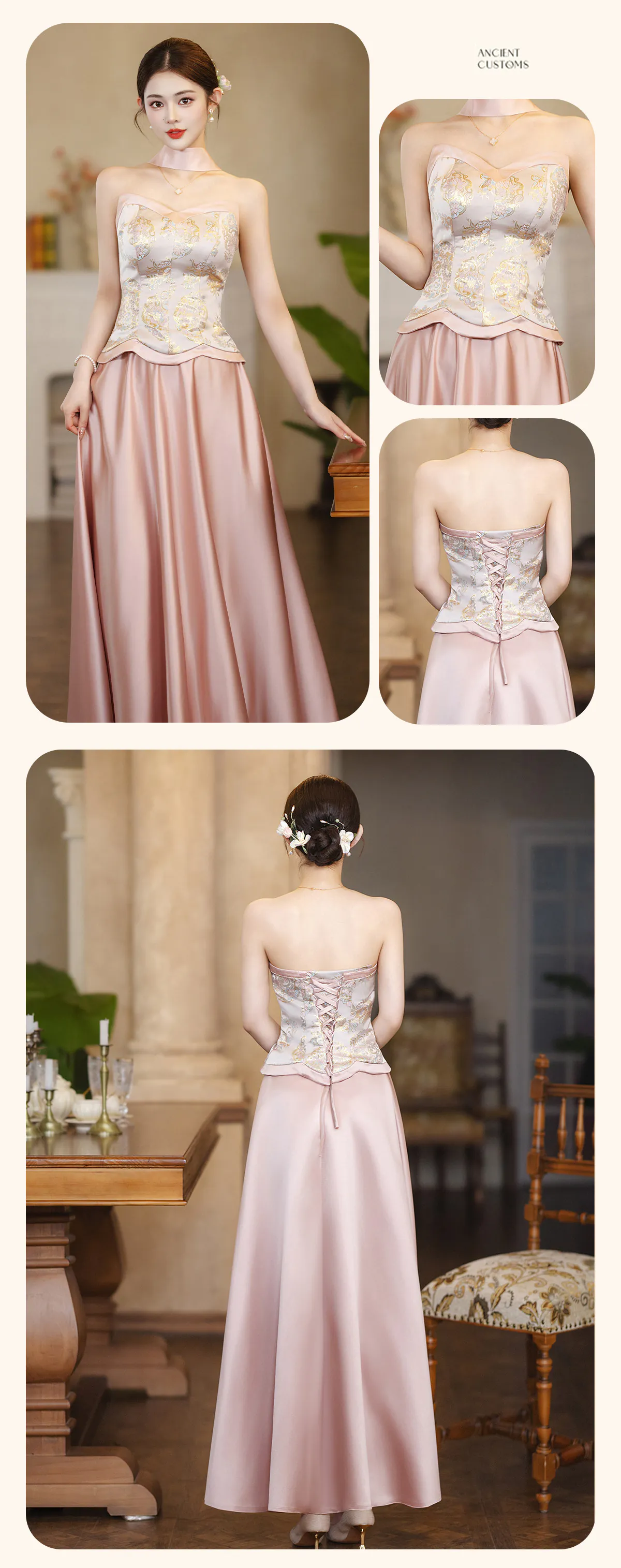 Blush-Pink-Strapless-Oriental-Chinese-Vintage-Jacquard-Bridesmaid-Dress14