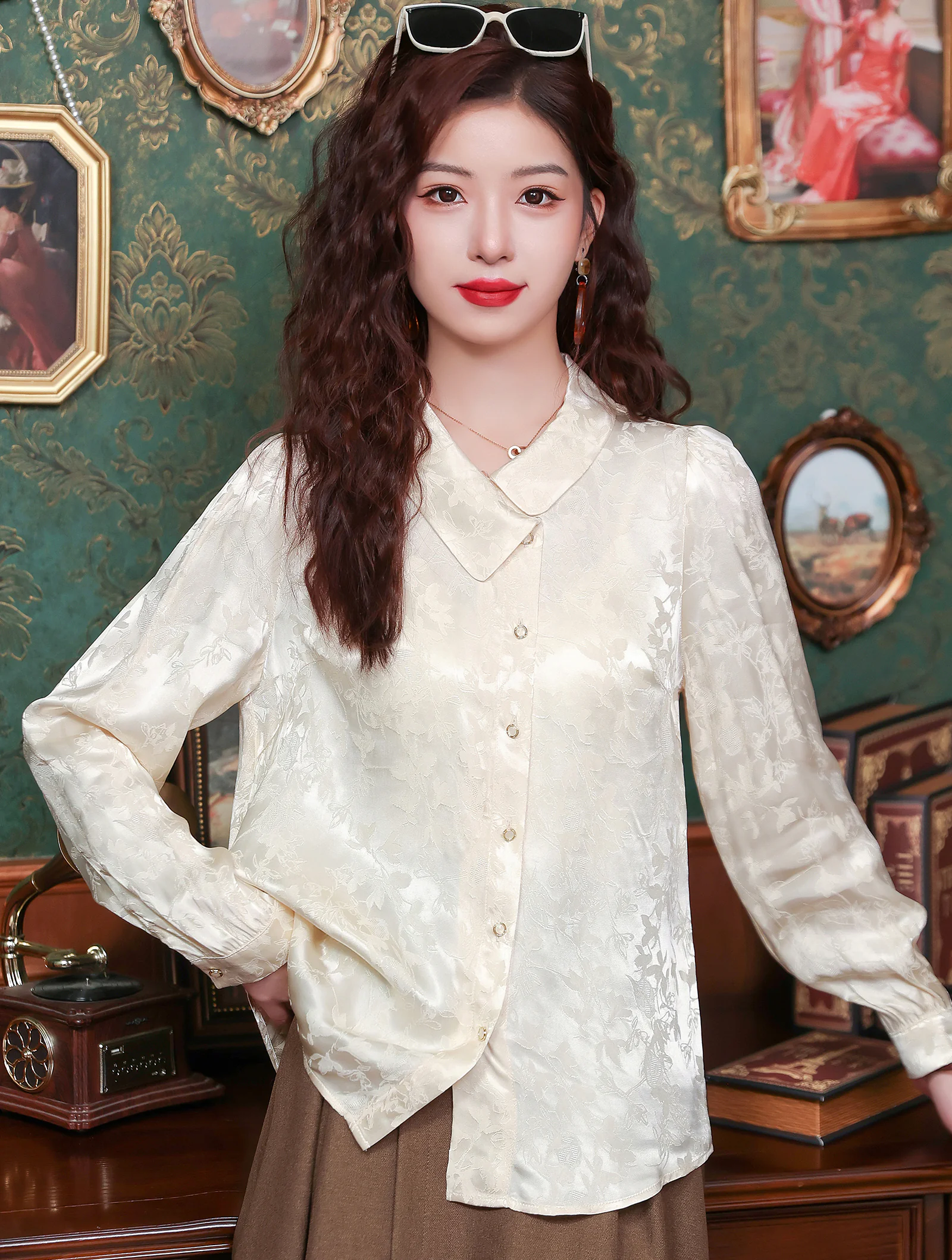 Charming Apricot Jacquard Shirt Long Sleeve Casual Blouse for Women02