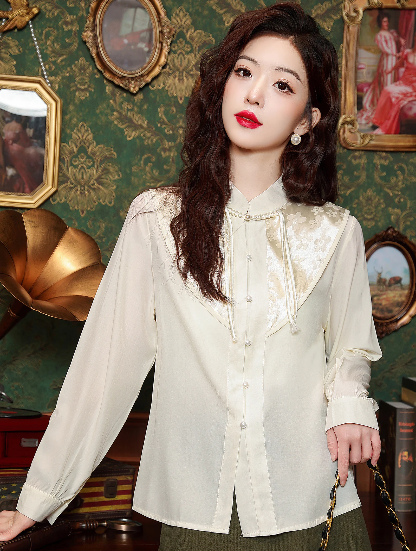 Classic Mandarin Collar Long Sleeve Casual Shirt Blouse for Women01