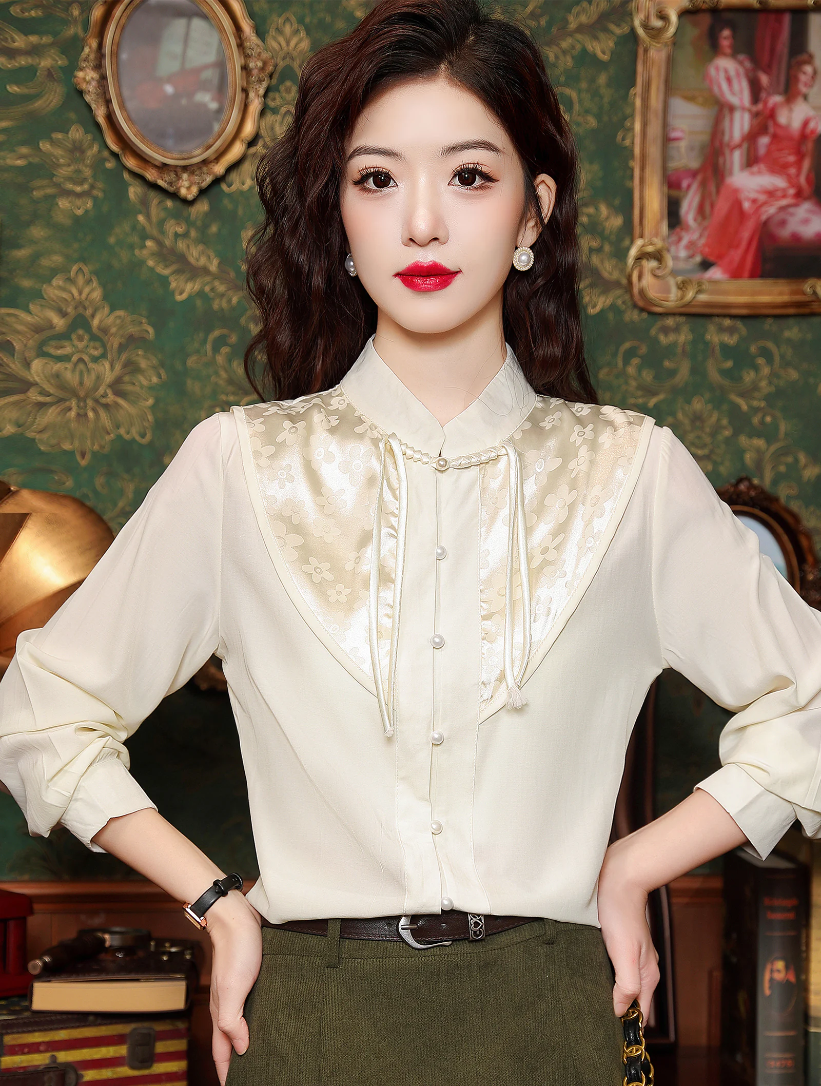 Classic Mandarin Collar Long Sleeve Casual Shirt Blouse for Women02