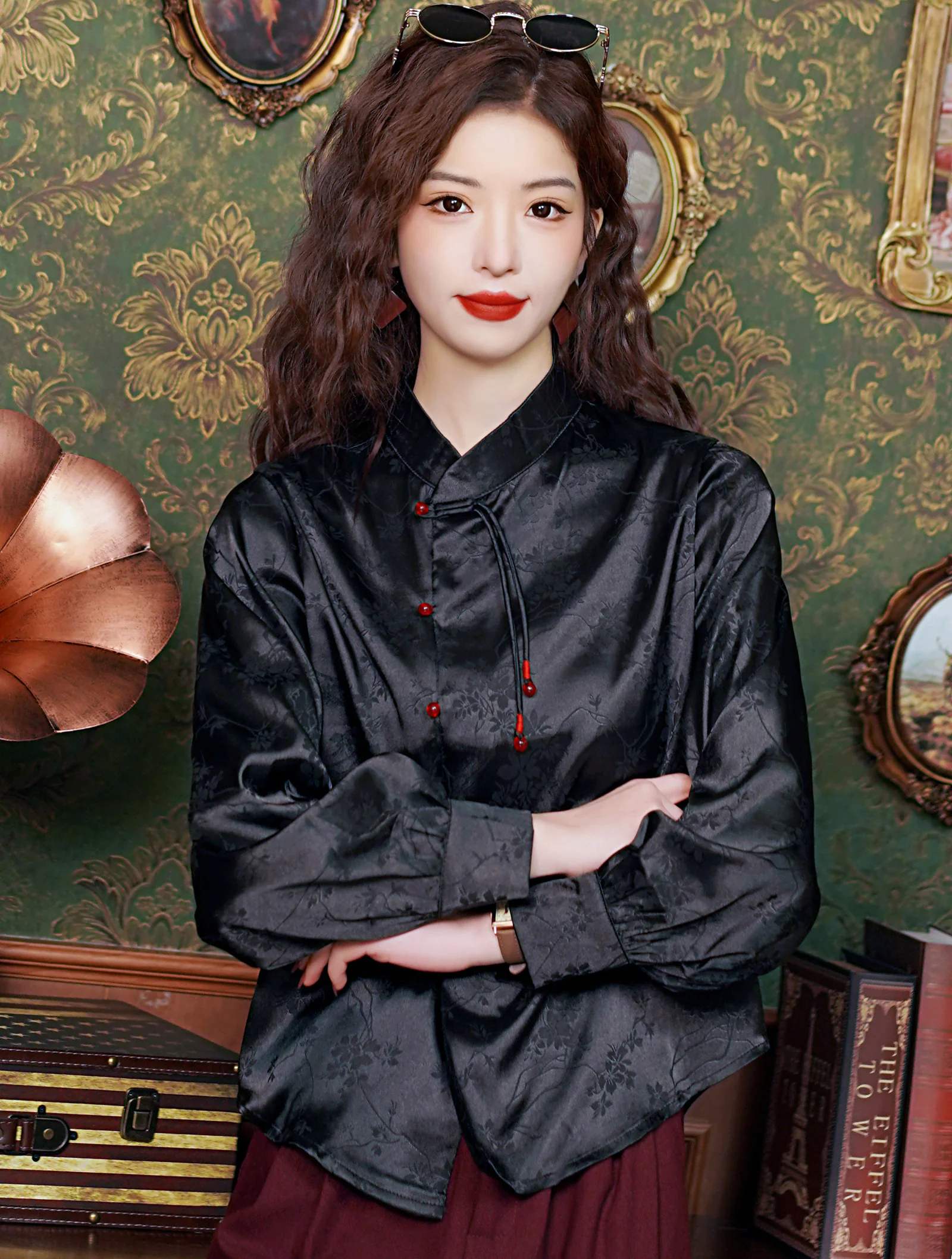 Fashion Black Long Sleeve Jacquard Shirt Spring Fall Casual Blouse Top01