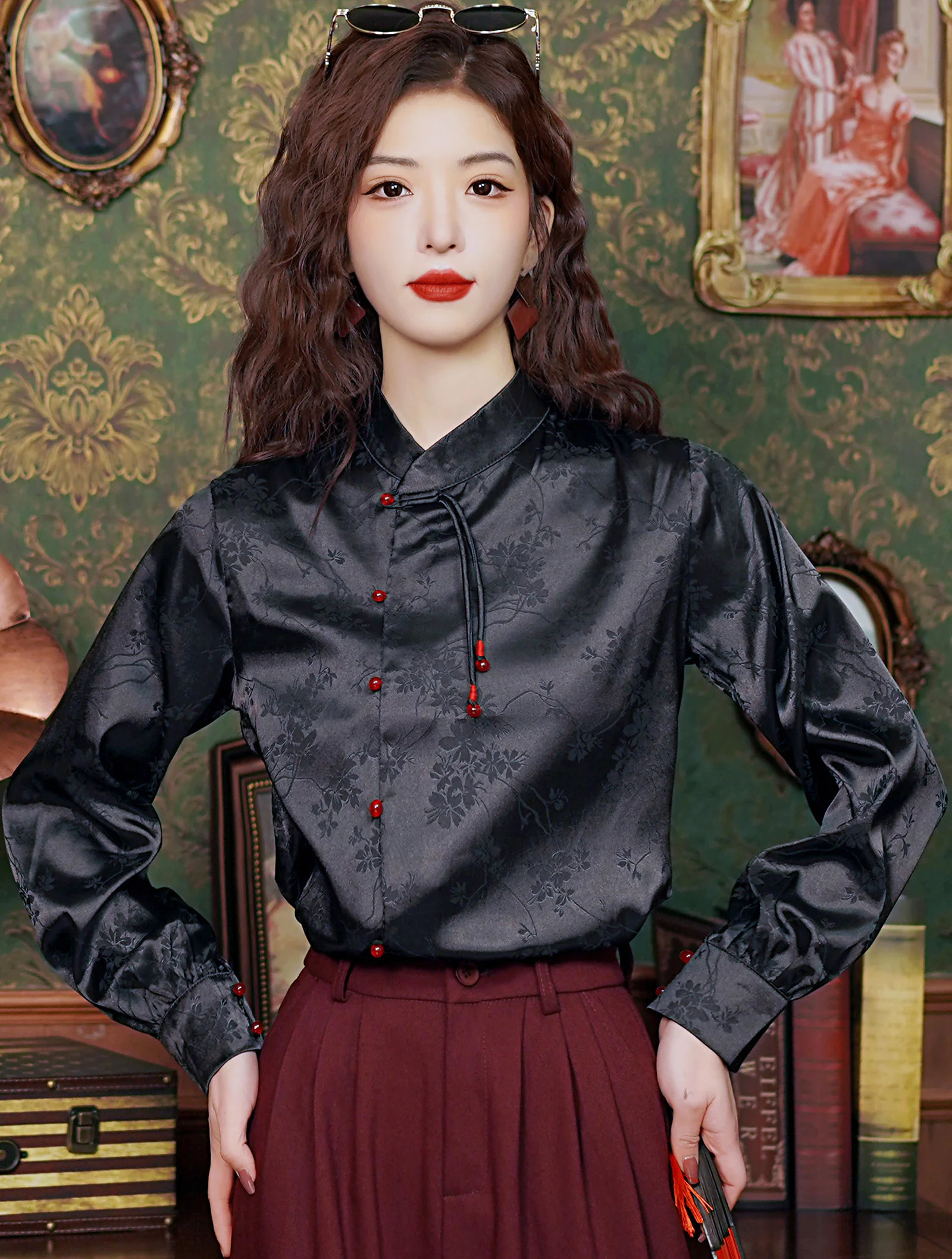 Fashion Black Long Sleeve Jacquard Shirt Spring Fall Casual Blouse Top02