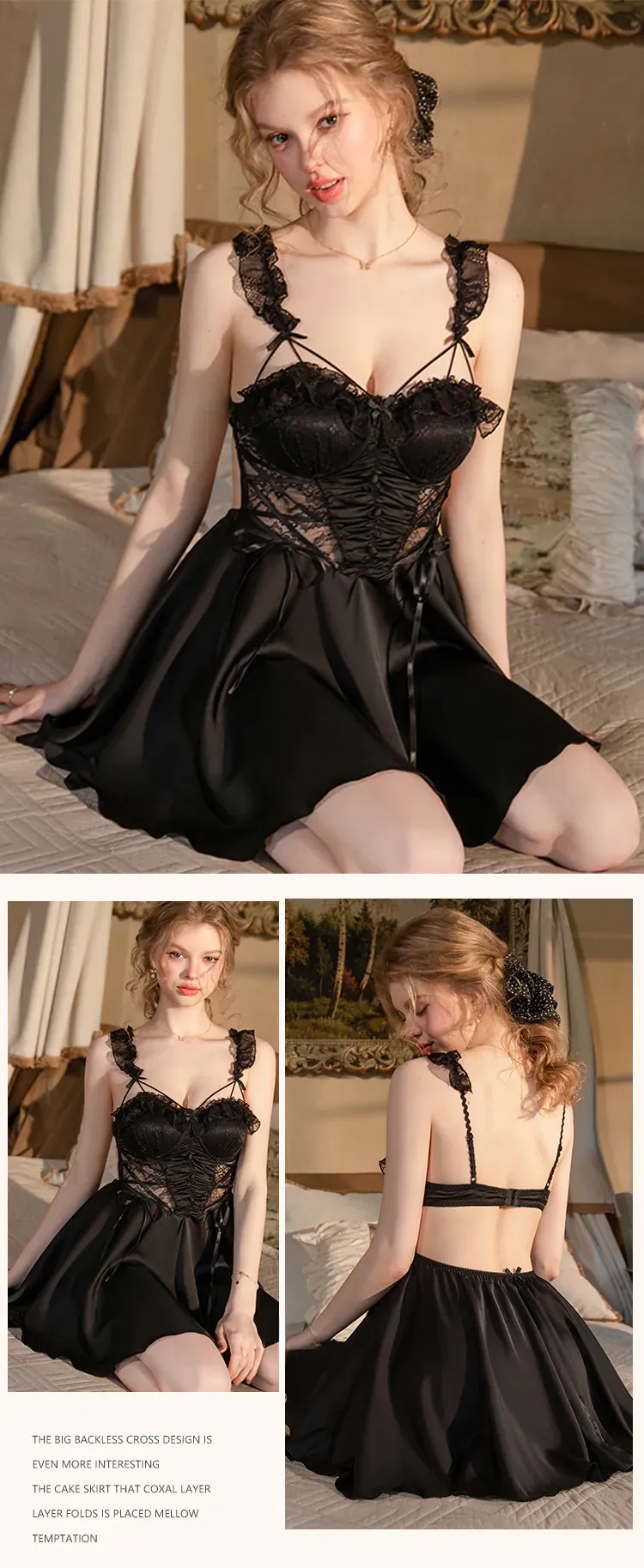 Retro-V-Neck-Low-Cut-Sheer-Lace-Open-Back-Babydoll-Nightgown17