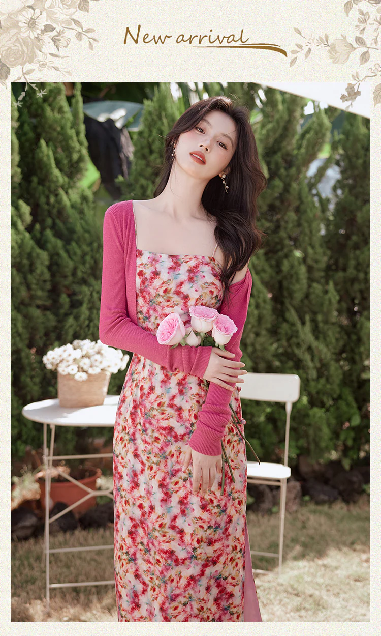 Romantic-Red-Floral-Oil-Painting-Casual-Slip-Dress-with-Cardigan-Suit07