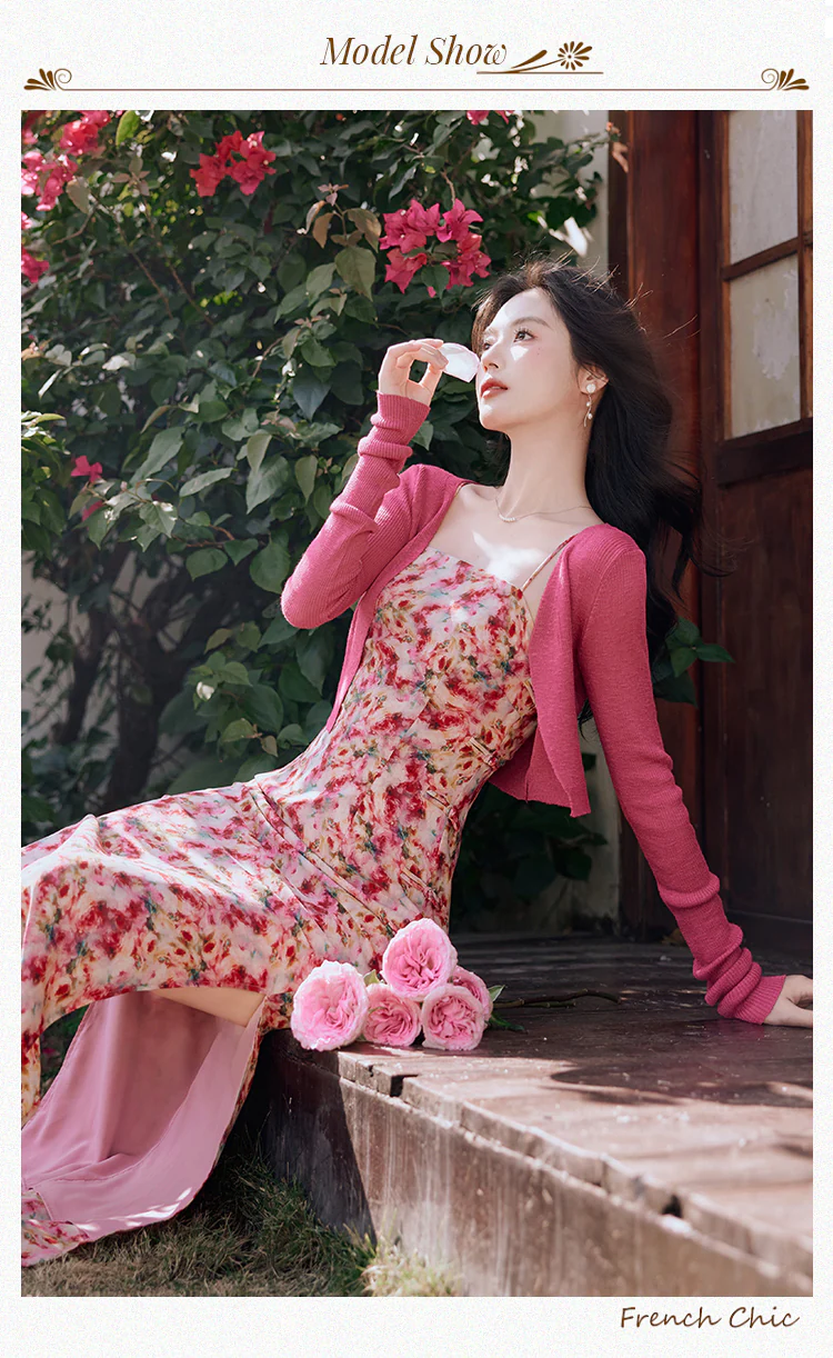 Romantic-Red-Floral-Oil-Painting-Casual-Slip-Dress-with-Cardigan-Suit10