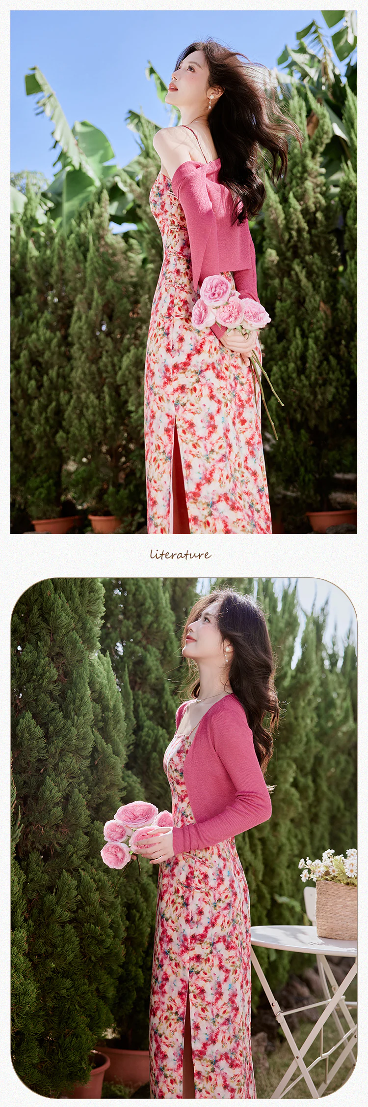 Romantic-Red-Floral-Oil-Painting-Casual-Slip-Dress-with-Cardigan-Suit14
