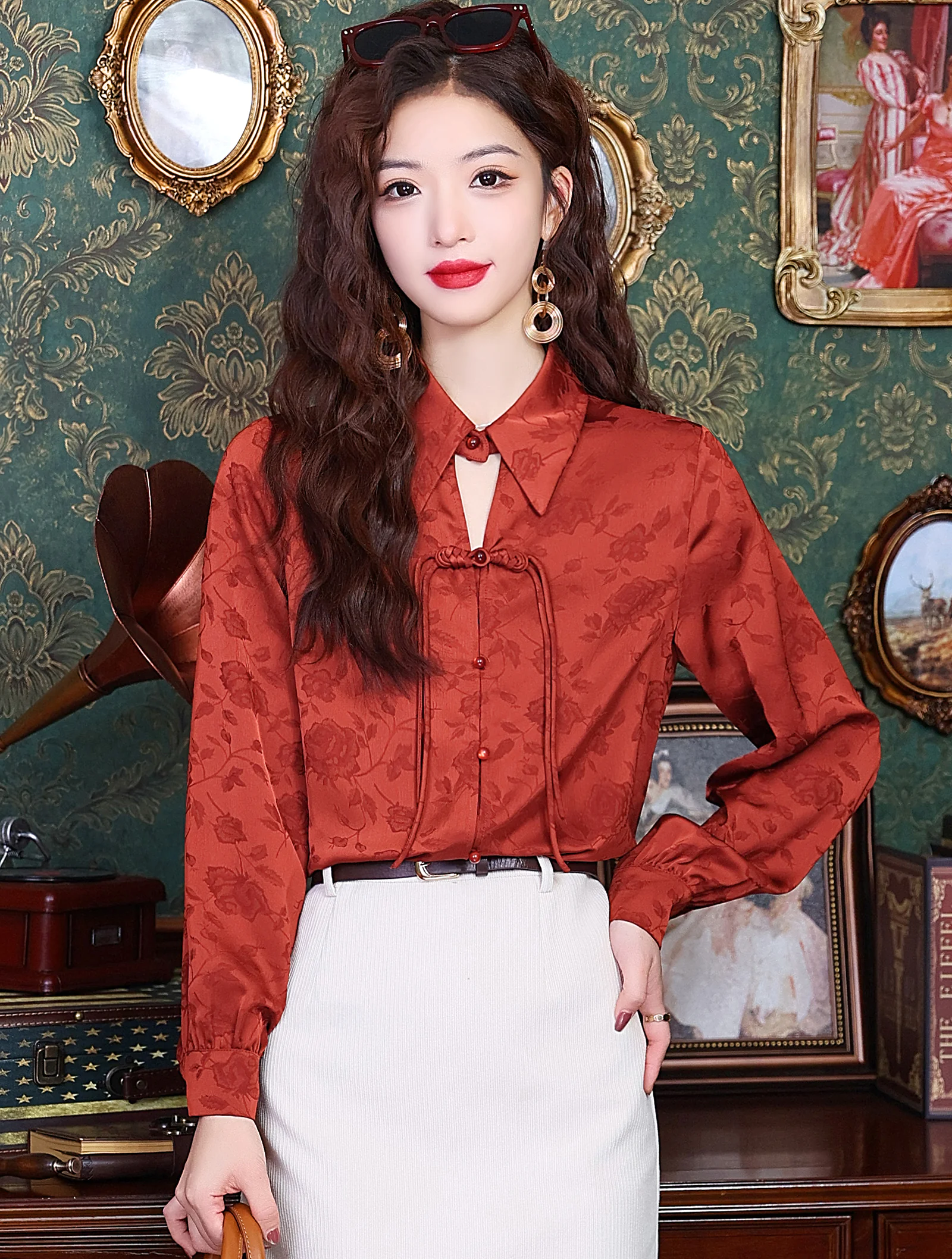 Stylish Burgundy Long Sleeve Chiffon Shirt with Rose Flower Pattern01