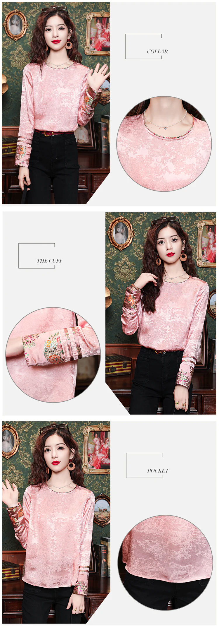 Sweet-Ladies-Pink-Round-Neck-Loose-Fit-Silk-Jacquard-Casual-Shirt10
