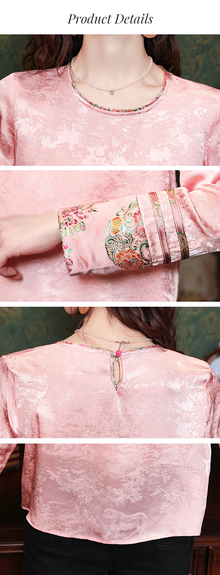 Sweet-Ladies-Pink-Round-Neck-Loose-Fit-Silk-Jacquard-Casual-Shirt16