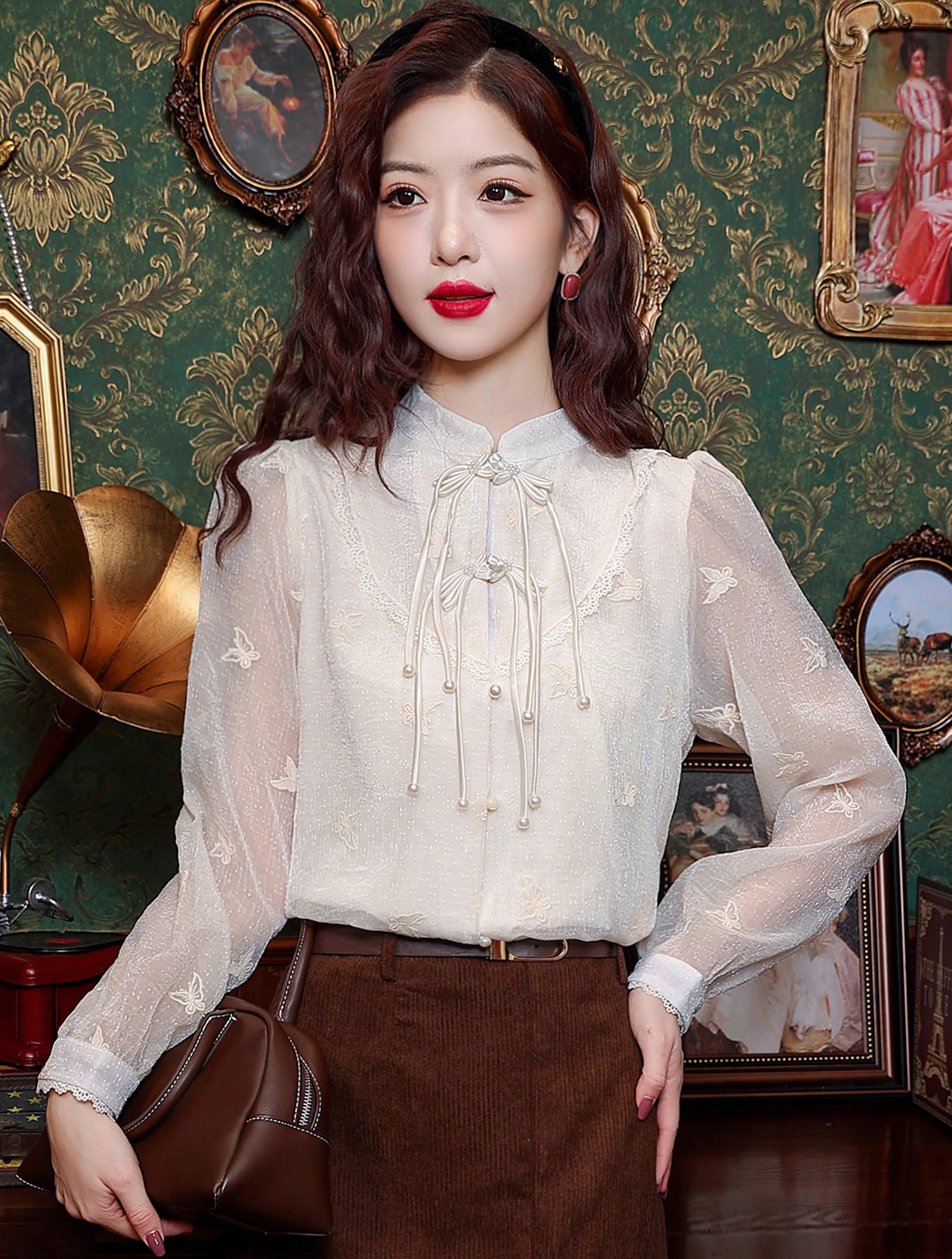 Vintage Butterfly Embroidery Long Tulle Sleeves Tassel Casual Shirt01