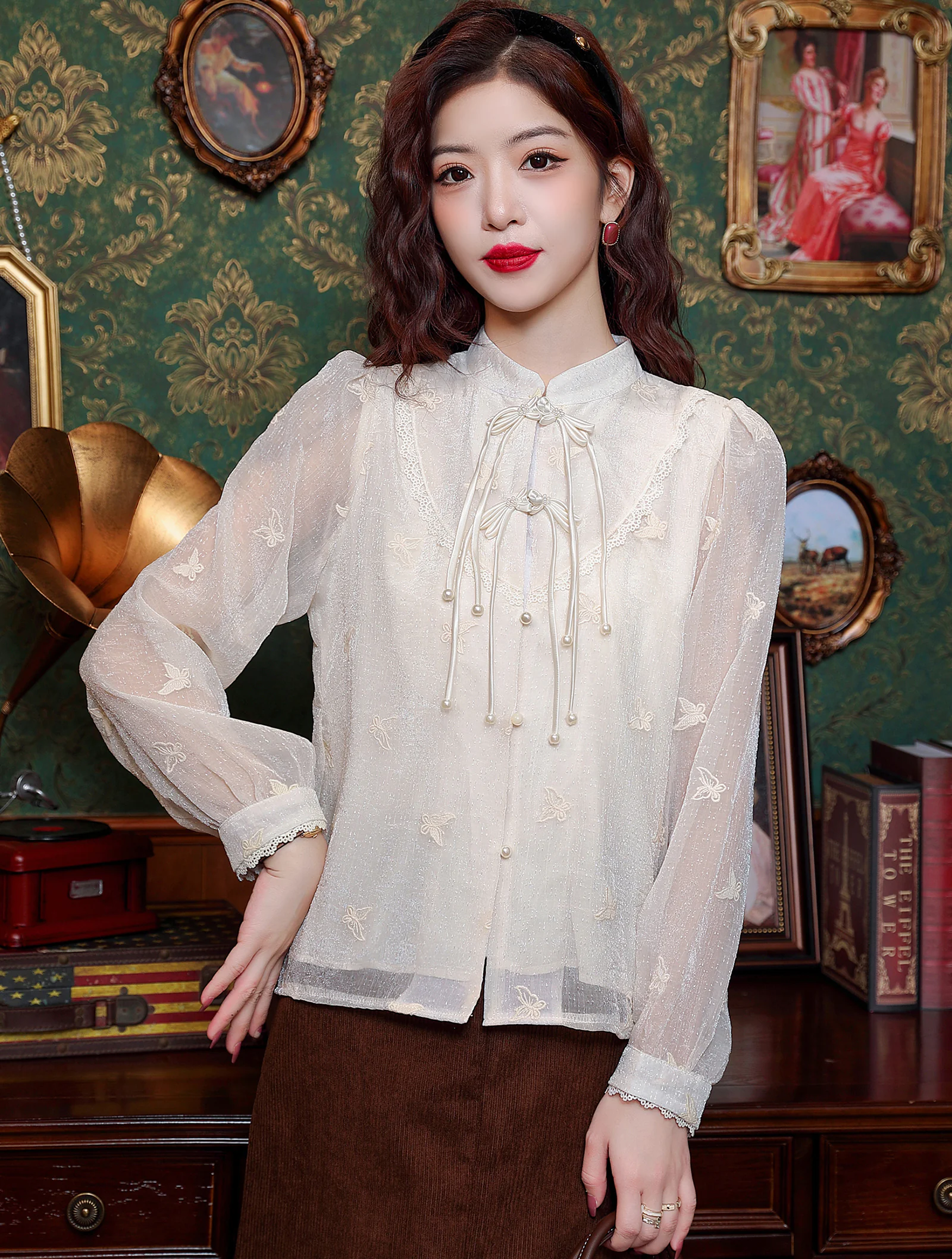 Vintage Butterfly Embroidery Long Tulle Sleeves Tassel Casual Shirt02
