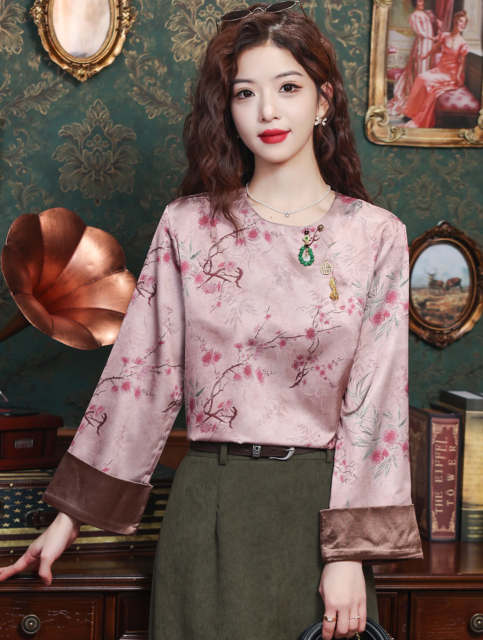 Vintage Pink Plum Blossom Printed Loose Fit Casual Shirt for Women01