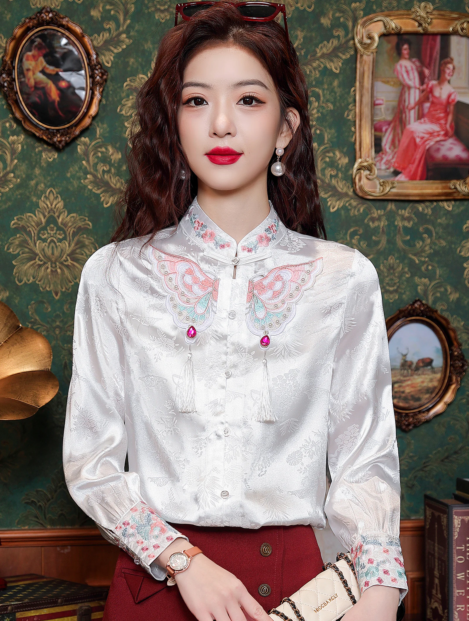 Women Classy Butterfly Embroidery Jacquard Satin Shirt Top Blouse01