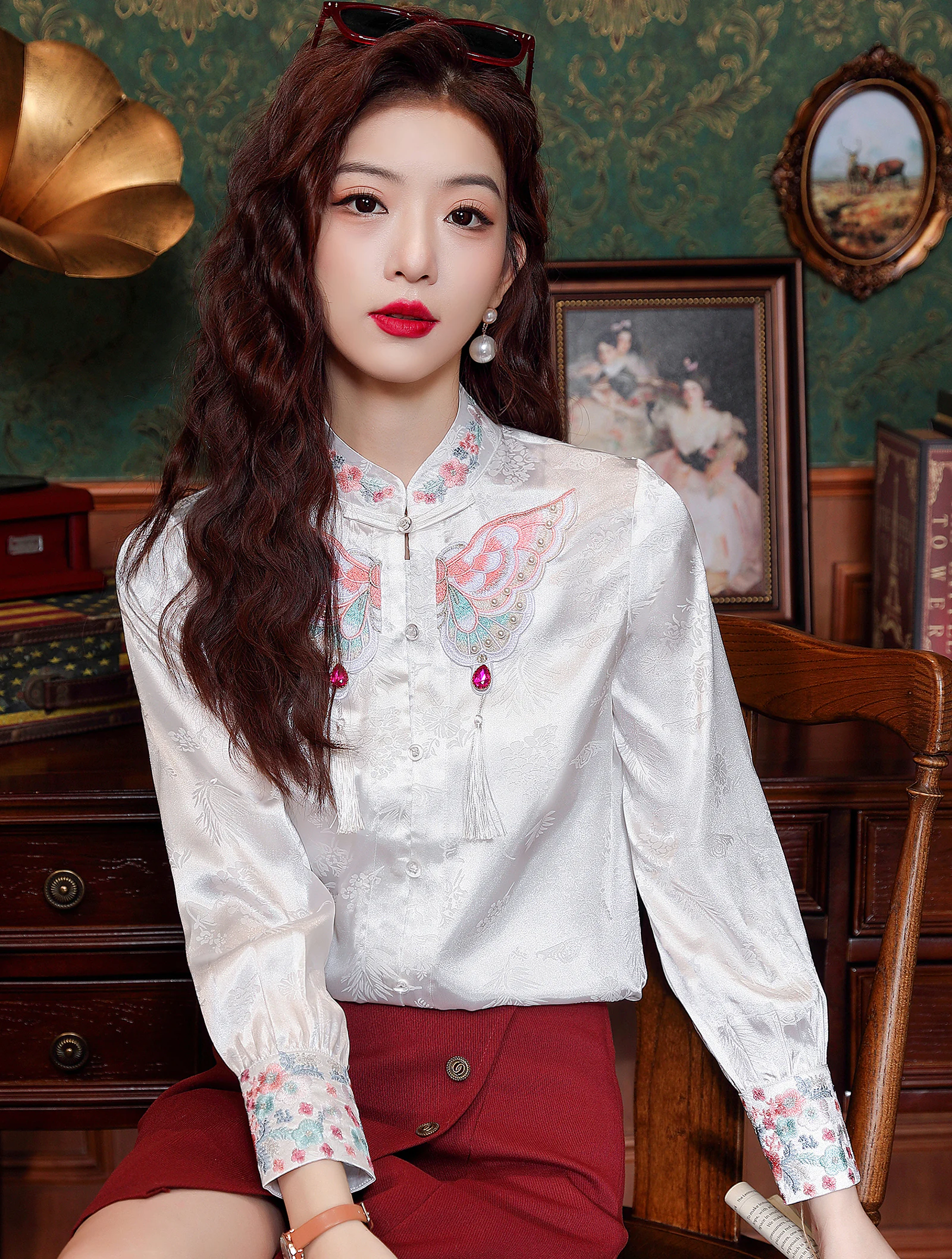 Women Classy Butterfly Embroidery Jacquard Satin Shirt Top Blouse02