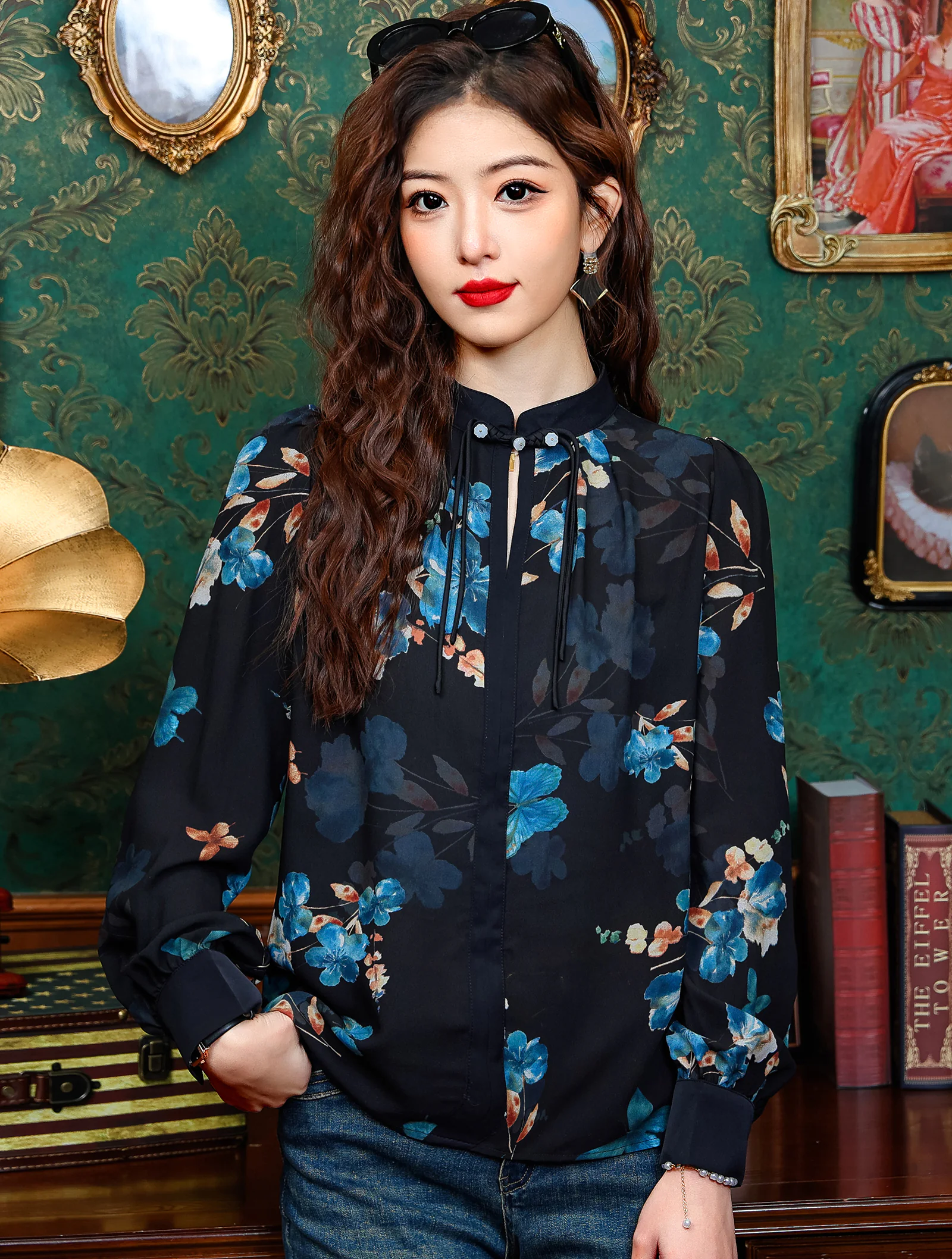 Women's Black Floral Printed Long Sleeve Casual Chiffon Shirt Tops01