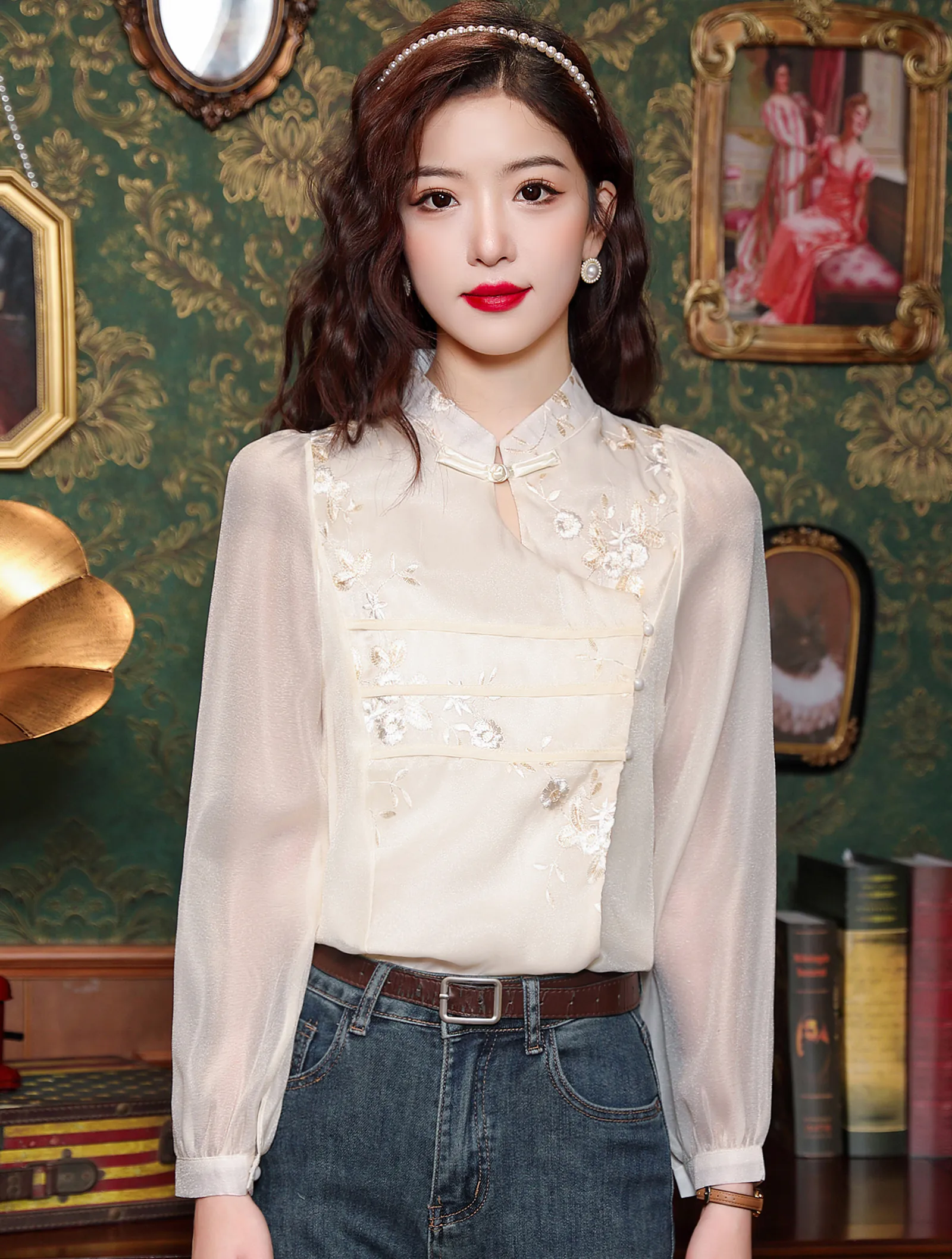 Women's Soft Embroidery Full Tulle Sleeve Chiffon Casual Shirt Tops01