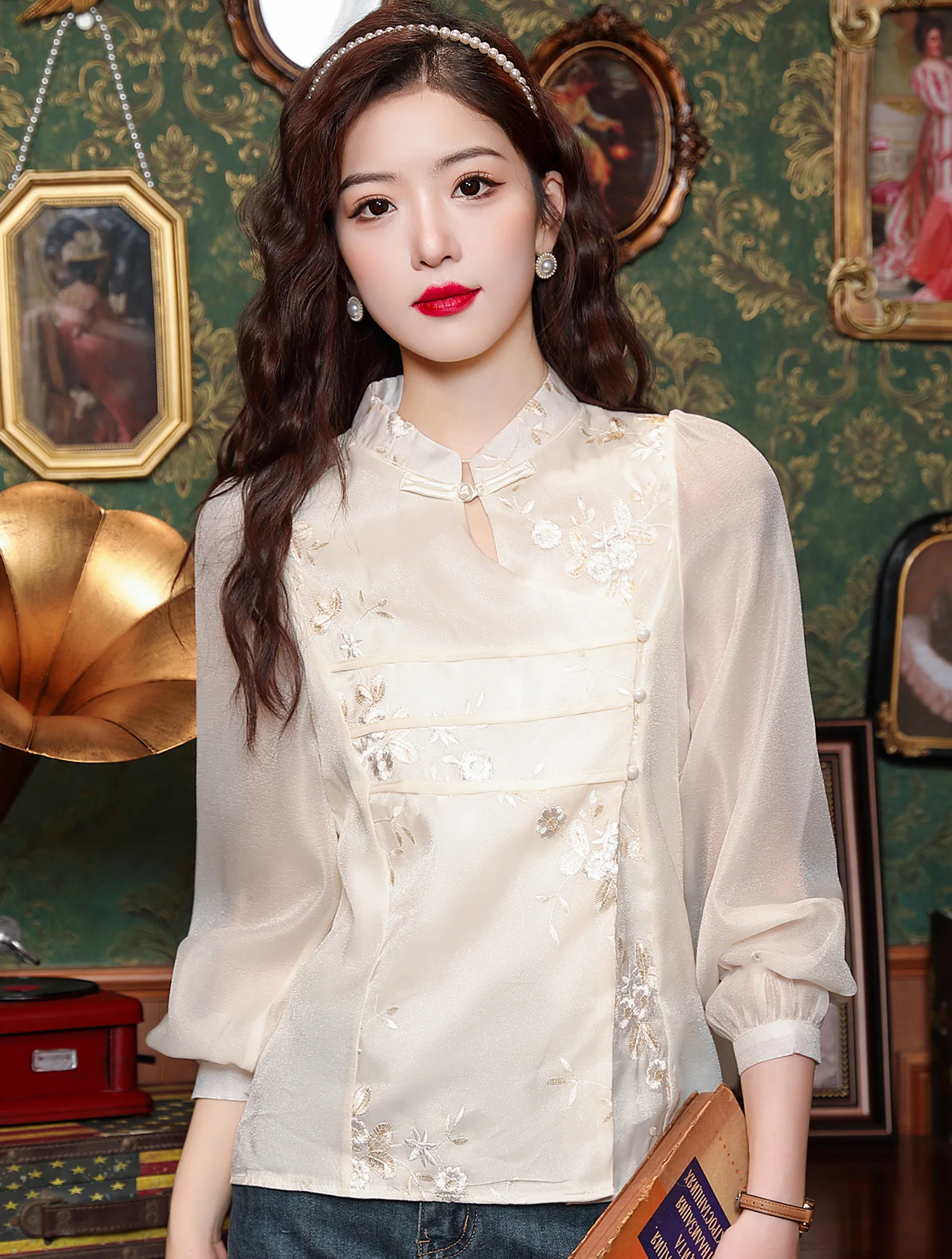 Women's Soft Embroidery Full Tulle Sleeve Chiffon Casual Shirt Tops02