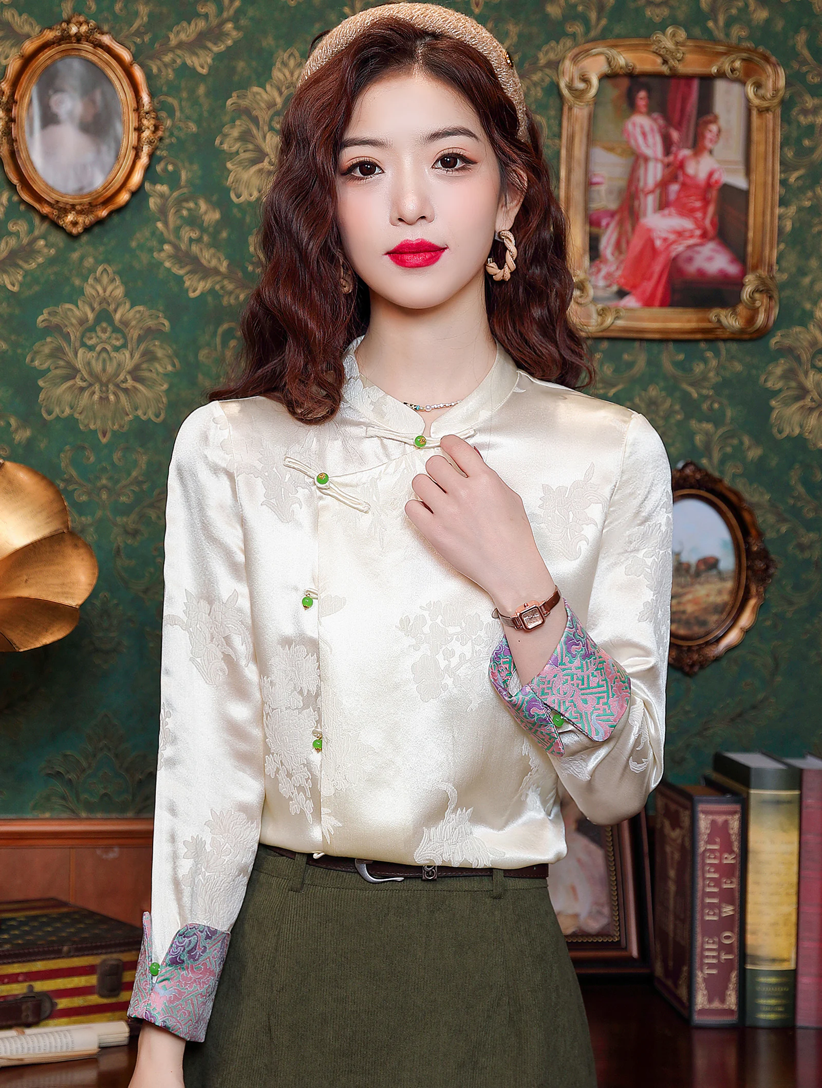 Women's Sweet Oversized Mulberry Silk Jacquard Satin Casual Shirt01
