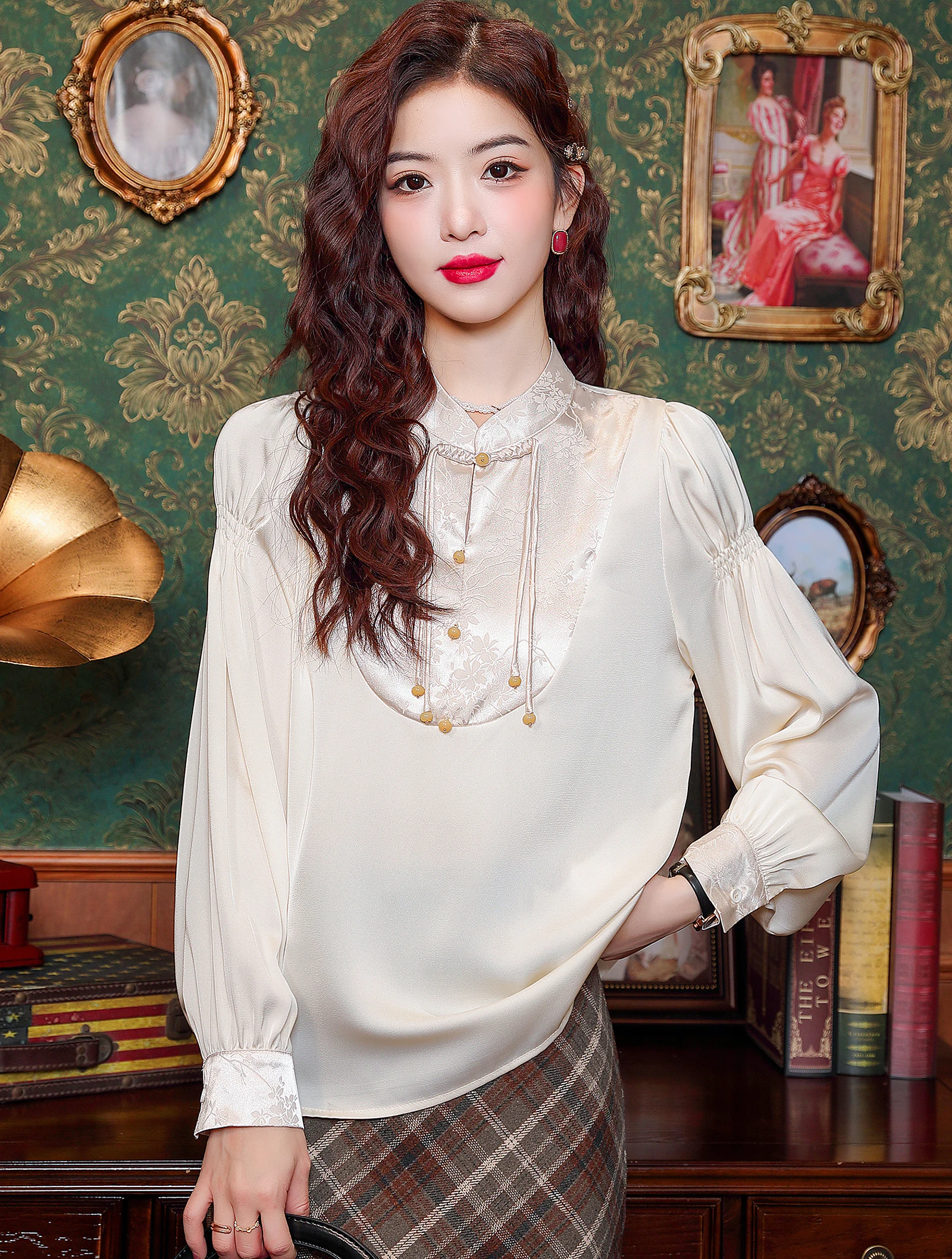 Women's Vintage Comfy Fit Lantern Sleeves Casual Pullover Shirt01