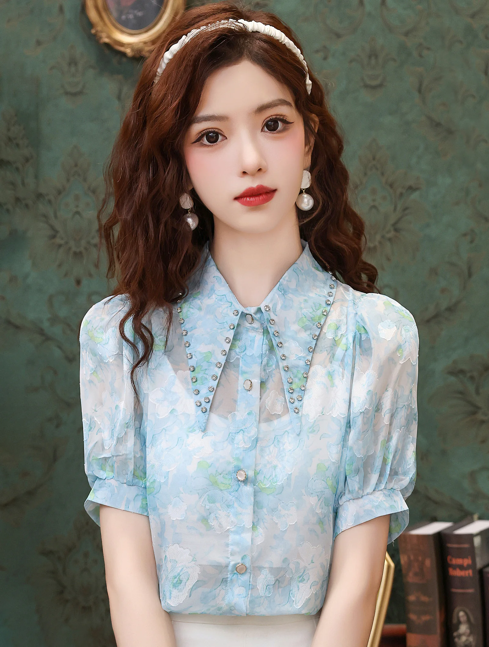 Beautiful French Style Blue Floral Chiffon Shirt with Short Puff Sleeves01