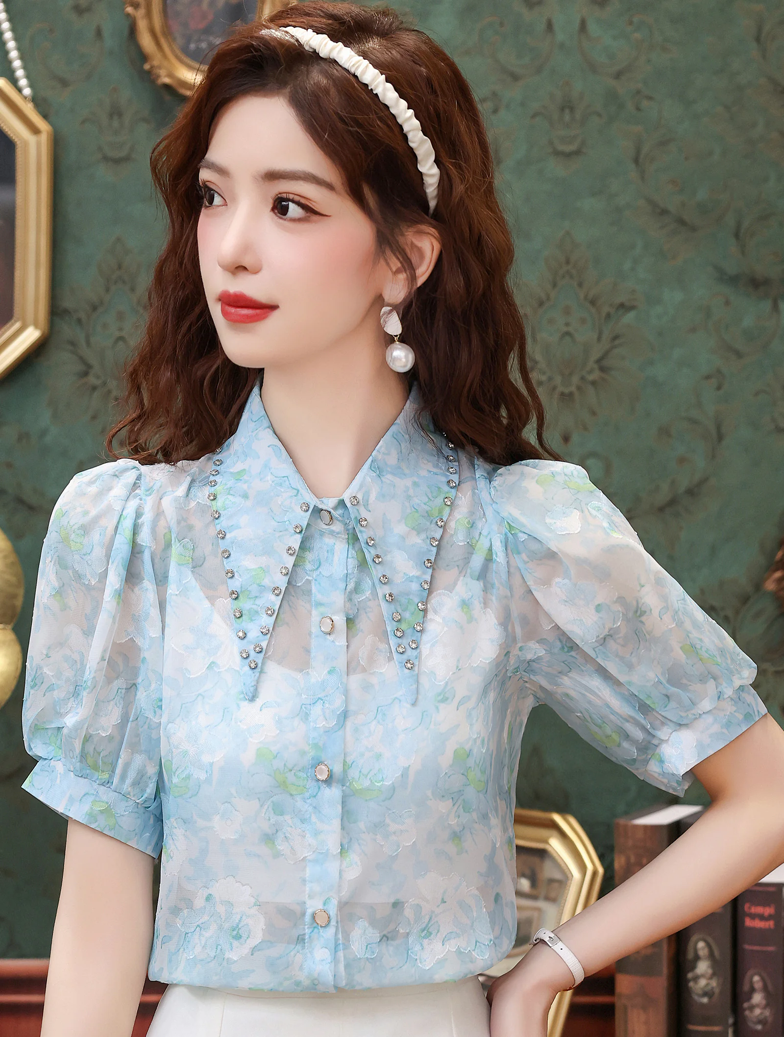 Beautiful French Style Blue Floral Chiffon Shirt with Short Puff Sleeves02