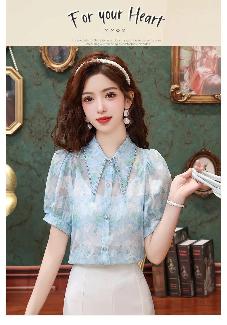 Beautiful-French-Style-Blue-Floral-Chiffon-Shirt-with-Short-Puff-Sleeves07