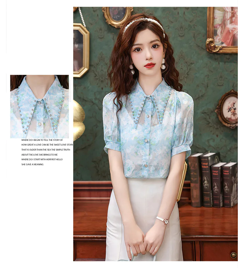 Beautiful-French-Style-Blue-Floral-Chiffon-Shirt-with-Short-Puff-Sleeves14