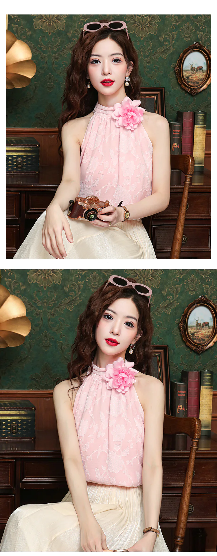 Chic-Chanel-Style-Jacquard-Chiffon-Halter-Casual-Shirt-with-3D-Flower17